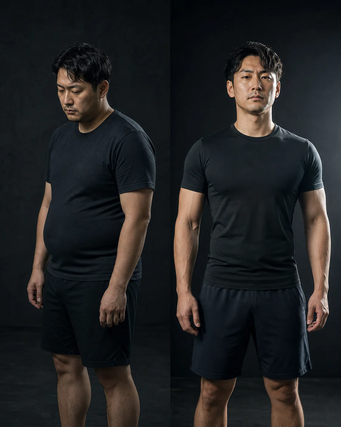 体型を気にして視線が下がった男性と、程よく鍛えられ姿勢よく前を向く男性の比較
