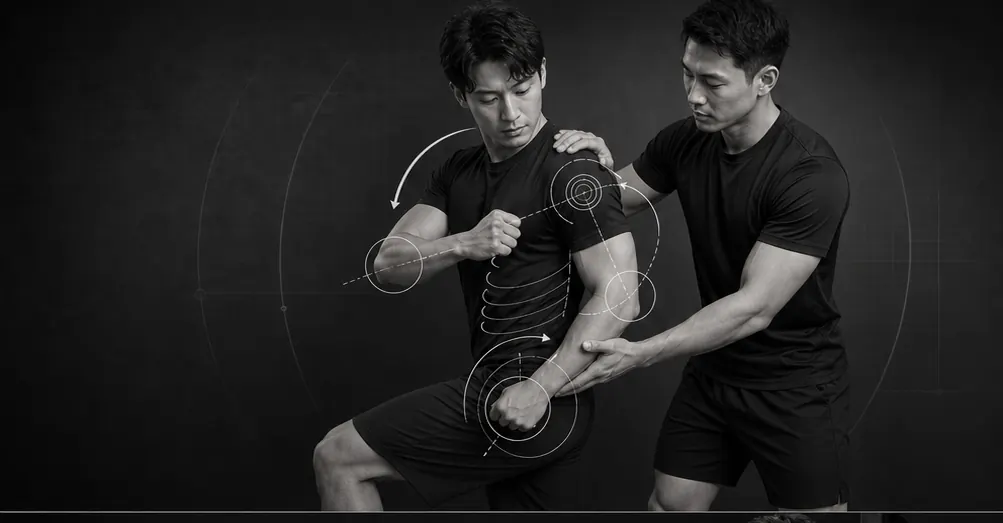 トレーナーが身体の動きと関節の位置を確認する様子