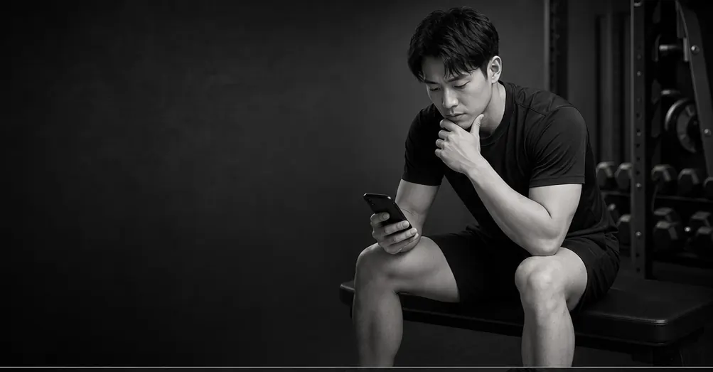 スマートフォンでトレーニング情報を探しながら一人で迷う男性